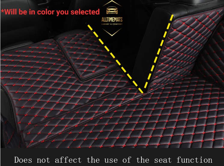 Scarlet Red Full Cargo Trunk mat/liner, partial for Honda, BMW, Ford, VOLVO, Nissan, Hyundai, Jeep aerial view. seat function