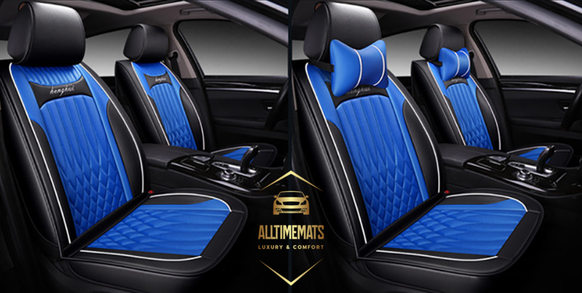 Black/Blue leather car seat covers for honda, hyundai, nissan, ford, toyota, chevy, jeep, dodge front row with and without cushions