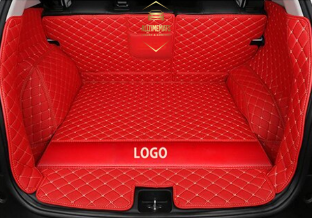 Scarlet Red Full Cargo Trunk mat/liner, partial for Honda, BMW, Ford, VOLVO, Nissan, Hyundai, Jeep aerial view with a logo