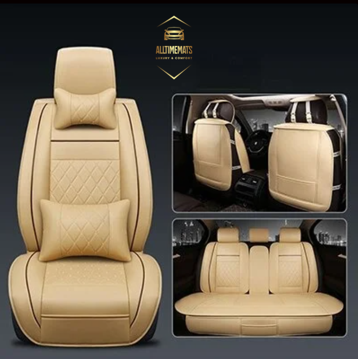 Luxury Cream leather car seat covers for honda, hyundai, nissan, ford, toyota, chevy, jeep, dodge front row with cushions full view