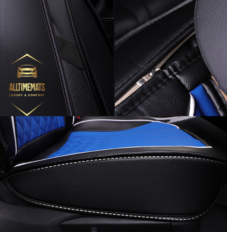 Black/Blue leather car seat covers for honda, hyundai, nissan, ford, toyota, chevy, jeep, dodge front row side view