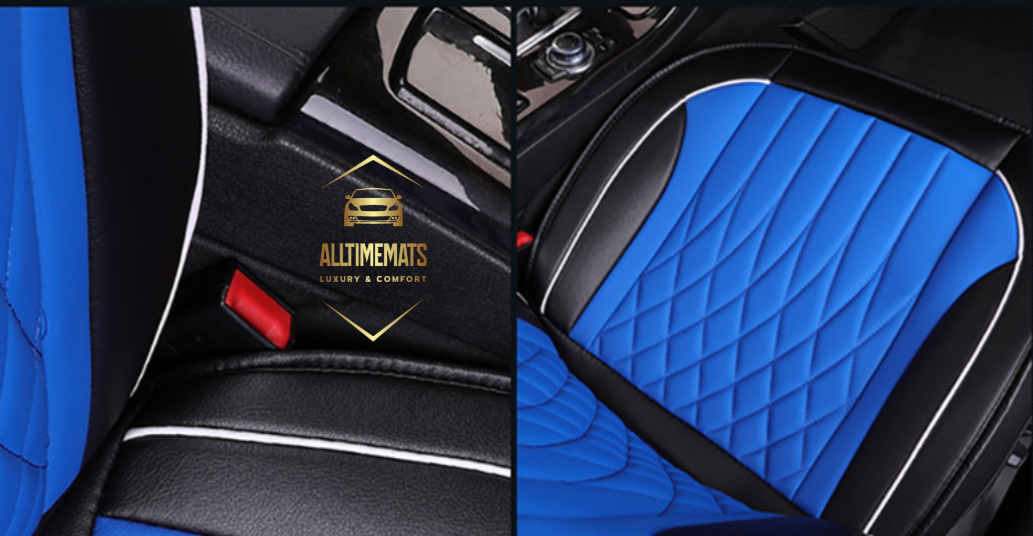 Black/Blue leather car seat covers for honda, hyundai, nissan, ford, toyota, chevy, jeep, dodge front row with cushions aerial view